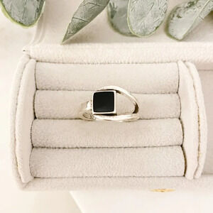 925 Sterling Silver Minimalist Black Square Ring Geometric Ring Dainty Ring